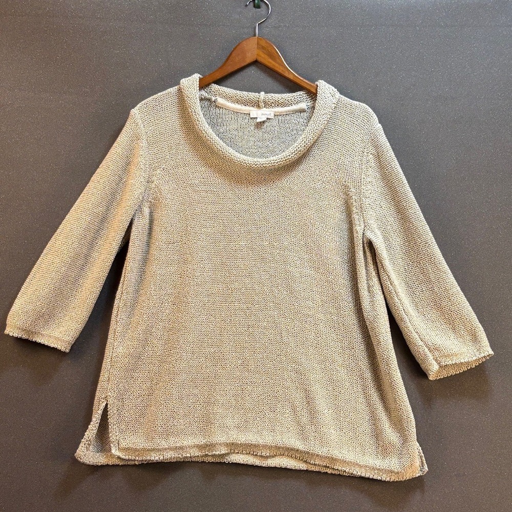 Pure Jill Petite Knit Sweater Cowl Neck 3/4‎ Sleeve Beige Cotton Blend L